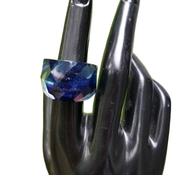 BLUE SHIMMERY SWIRL MURANO GLASS & STAINLESS STEEL FASHION RING - Picture 1 of 6